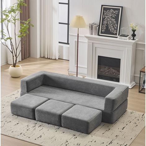 Divano letto modulare da pavimento grigio in chenille con 3 pouf, pieghevole e multifunzione,201x75.5x50 cm (1/5)