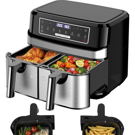 Air Fryer Double Compartiment 9L Friteuse Sans Huile a 2x4,5L Tiroir, 2600W Friteuse à Air Chaud 8 en 1 Écran Tactile Smart Finish Fonction, Airfryer Deux Zones Contrôle Individuel Température Temps (1/5)