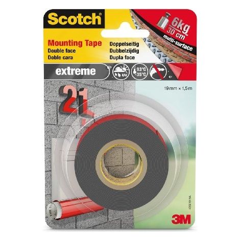 3M – Bande auto-agrippante double face mousse 19mm x 1,5m – Adhésif acrylique haute performance pour collage permanent – Pour surfaces lisses et rugueuses