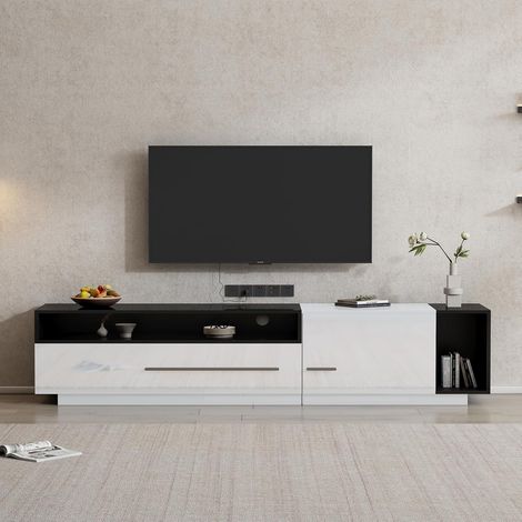 Meuble TV Haute Brillance - avec Tiroir, Porte et Niche Ouverte - Design Moderne en Panneau de Particules - 170x38x42,3 cm - Blanc/Noir (1/5)