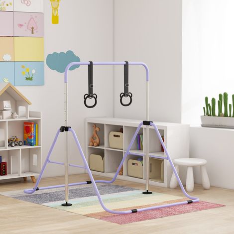 Barres parallèles pour enfants, barre horizontale pliable à hauteur réglable et anneaux de gymnastique, violet (1/5)