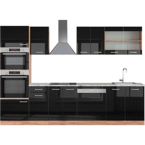 Mueble de cocina R-Line, Roble negro/dorado de alto brillo, 300 cm con armario alto, ET Mármol, Vicco
