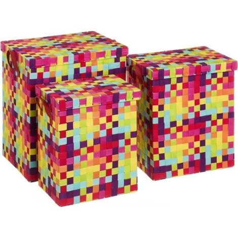 Lot de 3 panier à linge tressé avec couvercle, corbeille de rangement avec poignée en polypropylène coloris multicolore (1/3)