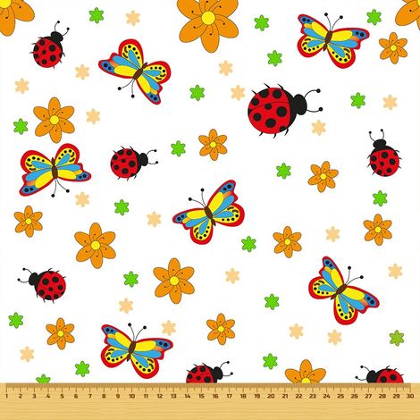 Tela decorativa Oxford para exteriores con estampado de mariposas y mariquitas sobre fondo blanco. (1/5)