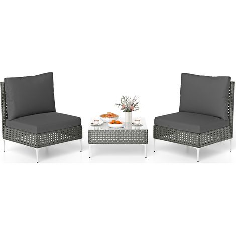 COSTWAY Tavolino e 2 Sedie da Giardino, Set da Conversazione in Rattan con Cuscini e Tavolino in Vetro Temperato, Set da Bistrò per Veranda, Balcone e Cortile (Modello 1,3 pezzi)