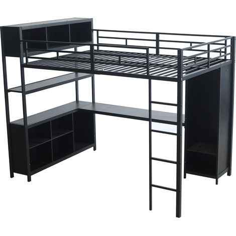 CAIziLit mezzanine métal 140x200 cm, bureau, armoire, rangement, noir (1/5)