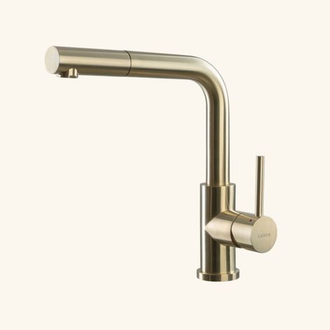 Robinet douchette inox massif PVD doré – Hauteur sous bec 255mm – Bec coudé 360° – Douchette extractible mono jet – Luisina (1/5)