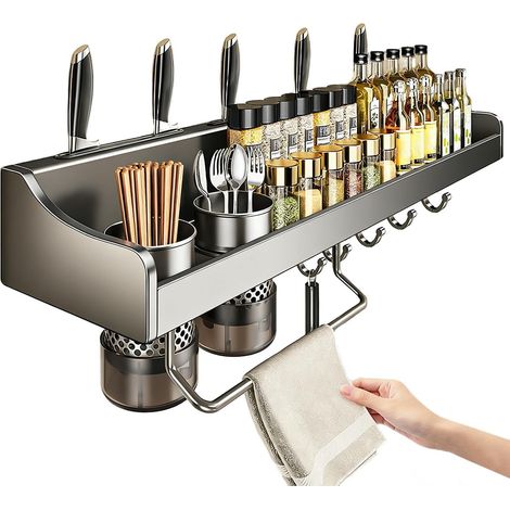 Porte-Couteaux Support Mural à Fixation sans Perçage,Étagère Rangement Cuisine - pour Plan de Travail Maison Familiale Organisation Intérieure (1/5)
