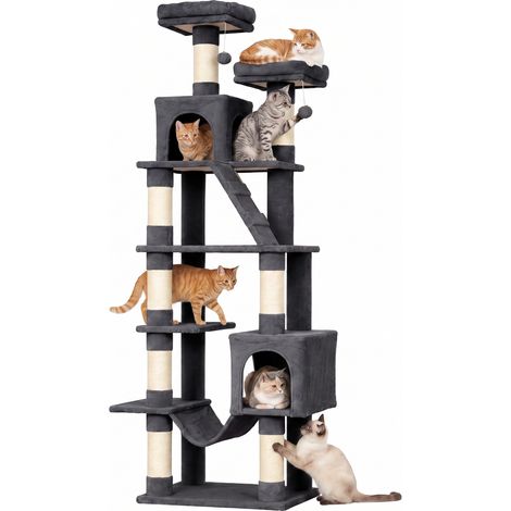 PawHut árbol rascador para gatos 204 cm multinivel con 2 cuevas, hamaca, 2 camas, postes de sisal, escalera, 2 bolas colgantes, para 1-3, gris oscuro (1/5)