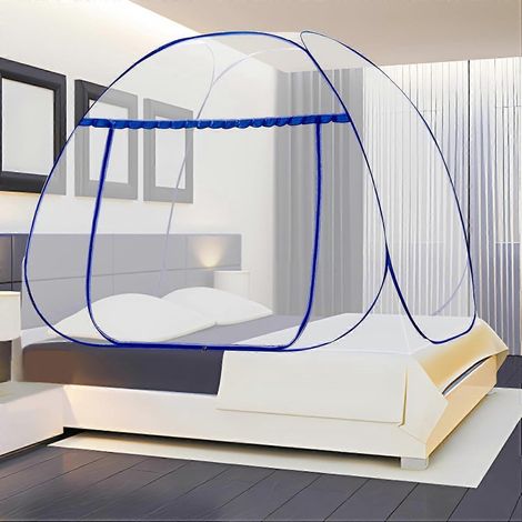 Moustiquaire de lit pliable, auvent moustiquaire portable et escamotable, facile à installer, efficace contre les piqûres de moustiques pour la chambre, le camping et les voyages (Bleu, 180 cm) (1/5)