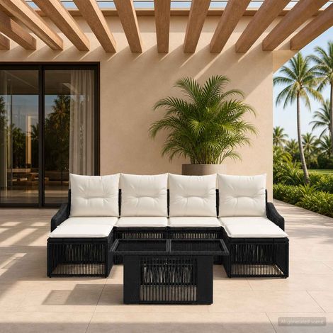 vidaXL Set Divano da Giardino 7 pz Nero e Bianco Crema polyrattan (1/5)