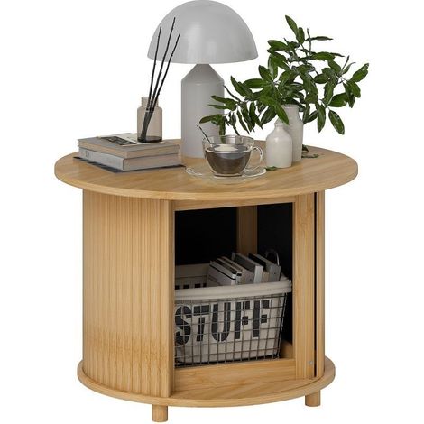 Table d’appoint ronde en bambou avec rangement et porte coulissante. Dimensions 60 × 45 cm, charge maximale de 20 kg pour un usage polyvalent