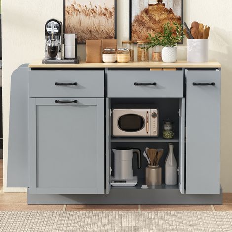 Credenza da Cucina con 2 Ante, 2 Cassetti, Vano per Pattumiera e Ripiano Aperto, in MDF, Grigio, 133.5×40×86 cm (1/5)