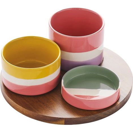 Sharing Summer Set De 3 Bols En Gres Avec Plateau En Acacia 25x25x17cm - Livwise Point Virgule (1/3)