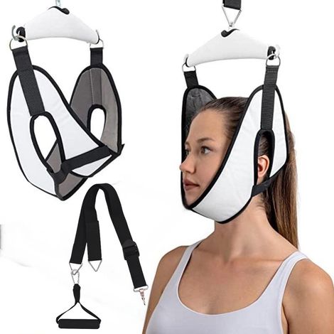 Ceinture de traction cervicale à fixer sur une porte - Dispositif d'étirement et d'immobilisation du cou à domicile - Support et traction cervicale portable - Blanc (1/5)