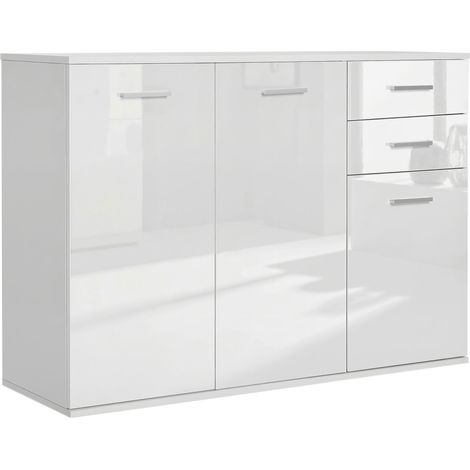 Homcom – Buffet blanc brillant 106L x 35I x 76H cm – 2 tiroirs coulissants – 2 placards avec étagère réglable – Panneaux de particules E1