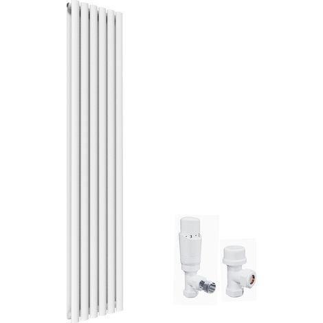 ELEGANT 1800 x 360mm Vertical Column Radiator White Oval Double Panel Designer Heater + White Thermostatic Radiator Valves (1/5)