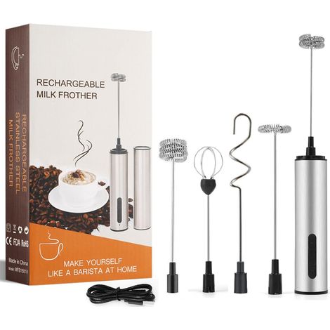 Mousseur à Lait Électrique Rechargeable USB-C,Émulsionneur à Lait Sans Fil avec 3 Vitesses et 5 Fouets en Acier Inoxydable,Fouet Électrique Portable pour Cappuccino,Latte,Matcha,Œufs,Crème et Boissons
