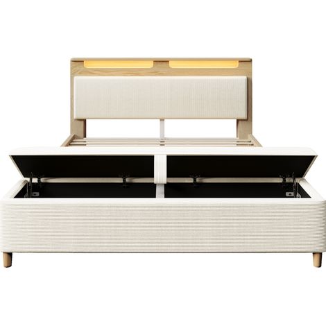 Doppelbett 160x200 cm aus Holz und MDF mit Kopfteil, LED und Bank (1/5)