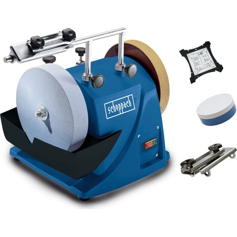 Scheppach Affûteuse à Eau TIGER2000S - Moteur à induction 120W - Meule en corindon supérieur Ø200mm - Dispositif pour outils standard droits - Pâte à poncer - Disque à poncer - Gabarit d'angle