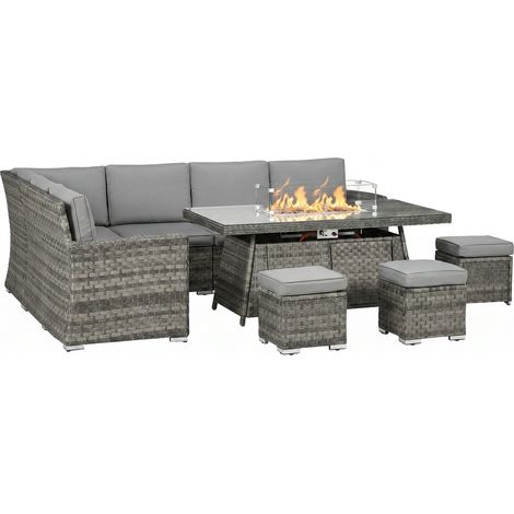 SevenPiece Firepit Table Rattan Sofa Set  Grey (1/5)