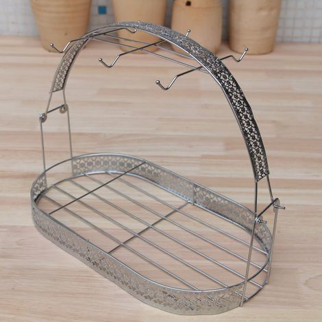 Porte-Tasses - Fer Forgé - 6 Crochets + Panier Supérieur - Pour Cuisine Bureau Restaurant - 1 Pièce (1/5)