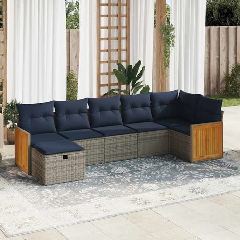 Set de sofás de jardín 7 pzas con cojines ratán sintético gris vidaXL (1/5)
