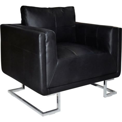 Poltrona sedia design lounge sedile club divano cubo da soggiorno con gambe cromate in pelle sintetica nera 1102044/3