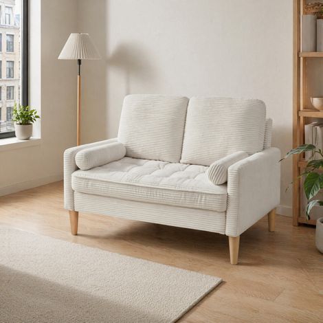 Sofá recto de 2 plazas 121x76x87 cm en tejido acanalado beige, ahorra espacio FloraGrace (1/5)