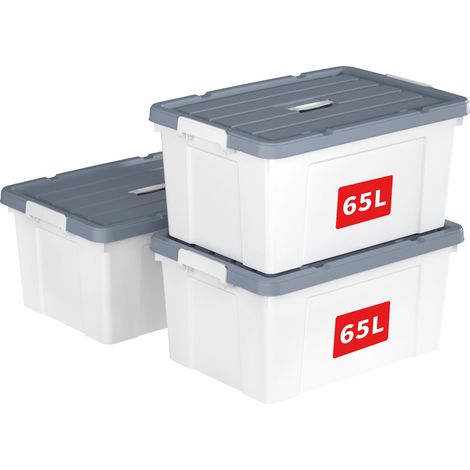 Boîte de Rangement, Bac de rangement avec Poignée, Plastique Organisateur avec Couvercle, Empilable, Transportable, pour Vêtements, Bureau, Chambre, Dortoirs, Blanc, 65L - Lot de 3 (1/5)