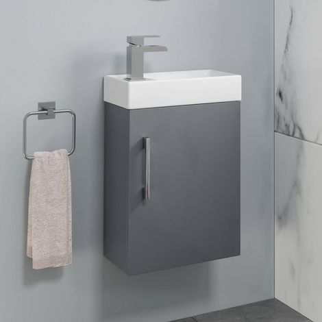 400mm Grey Gloss Wall Hung Bathroom Vanity Unit with Basin Sink Storage with No Tap (1/5)