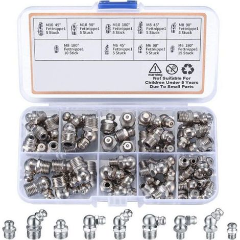 Lot de 60 graisseurs filetés assortis, filetage mâle M6, M8, M10, modèles droit, 45° et 90°, pour équipement mécanique (1/5)