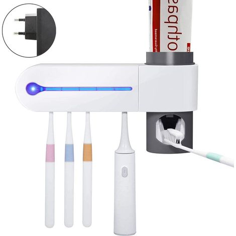 1 Porte-brosses à dents, distributeur de dentifrice, désinfection UV, support mural, 5 brosses, salle de bain (1/5)