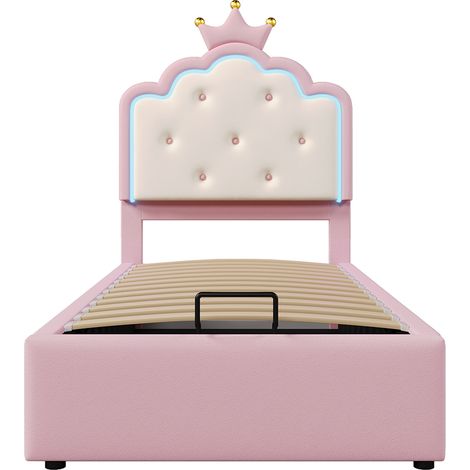Cama acolchada 90 x 200 cm, con iluminación ambiental, forma de princesa, material PU, rosa (1/5)