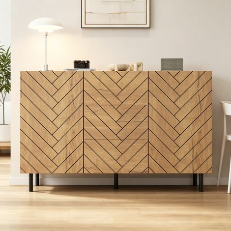 Buffet - Rangement, Bureau - 120x40x76 cm - 3 tiroirs, 2 armoires, Commode rangement - Panneau particules - Naturel (1/5)