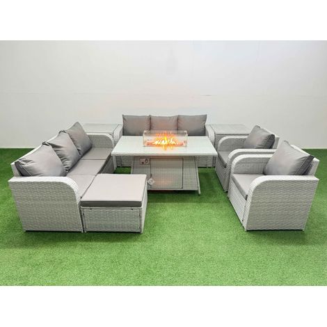 Fimous PE Rattan High Back Lounge Sofa Set Patio Firepit Dining Table & Chairs Set with 3 Seater Sofa Reclining Chair Big Footstool 2 Side Table Light Grey (1/4)