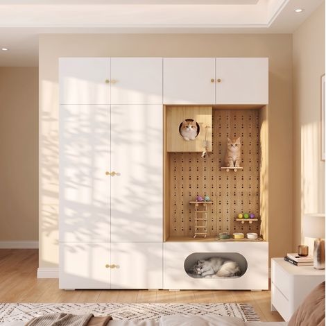 MODFU – Armadio guardaroba 180x50x200 cm con spazio per gatto, muro di arrampicata, nicchia e 6 scomparti – Bianco/legno (1/5)