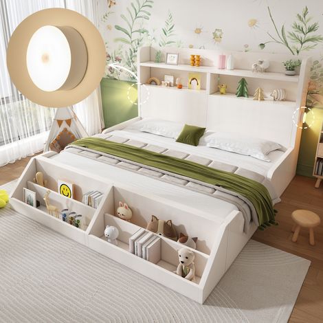 Lit bois 140x200 blanc avec étagères, veilleuses, bibliothèque amovible, lit coffre multifonction, sans matelas (1/5)