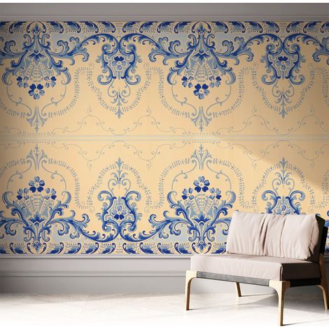 Tapete Selbstklebend - abwaschbar - Tapete mit Motiv - trendige Wanddeko - elegant Fototapete  Blaue Ornamente 312x219 cm (1/5)