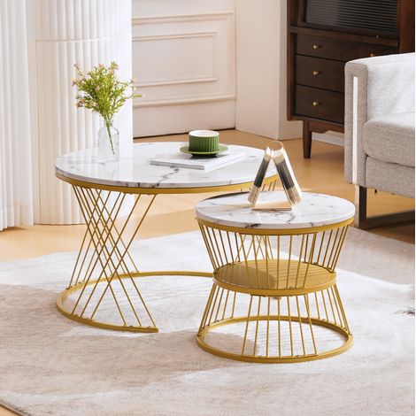 Table basse gigogne ronde 70x70x45 cm et 45x45x40 cm, blanc effet marbre, MDF, lot de 2 MEUBLIV (1/5)