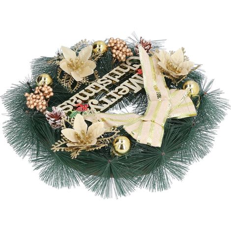 Couronne de Noël Artificielle en Pin avec Nœud Doré pour Décoration de Porte (1/5)