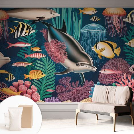Papier peint intissé pour salon chambre à coucher peint imprimé Installation facile - Colle incluse gratuite Faune sous-marine 312x219 cm (1/5)