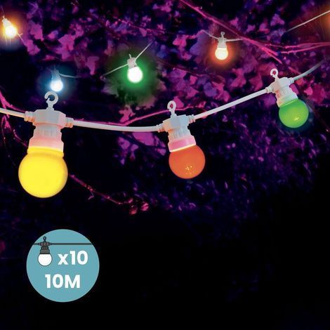 Guirlande lumineuse d'extérieur 10M – 10 bulbes multicolores – Câble blanc IP44 – Décoration romantique pour jardin et terrasse (1/5)