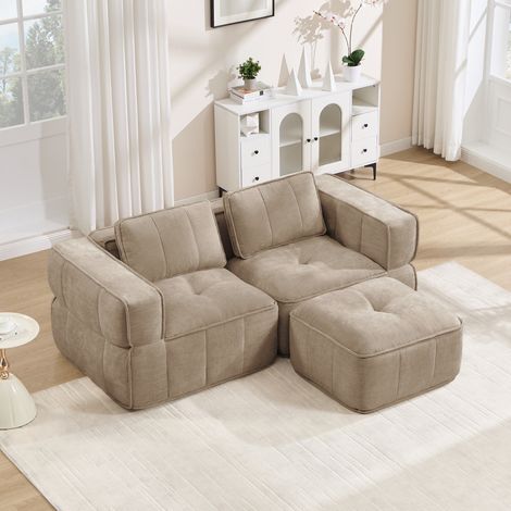 Divano angolare modulare a 2 posti con pouf, 198 x 162 x 67 cm, poliestere, sabbia DESVIAE (1/5)