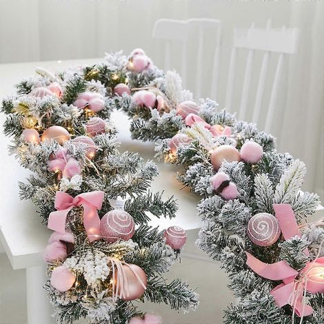 Guirlande lumineuse de Noël pré-illuminée de 1,80 m avec pommes de pin roses, boules et nœuds pour la décoration de porte, cheminée et escalier (1/4)