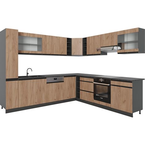 Cuisine en angle R-Line, Chêne doré/anthracite, 257 x 277 cm J-Shape, PT Anthracite, Vicco (1/5)