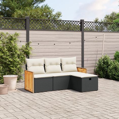 Canapé 4 Places Salon Jardin Noir Résine Tressée avec Coussins Crème et Repose-pieds Modulaires (1/4)