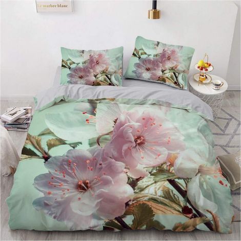 Bettwäsche-Set 200x200cm mit Blumenmuster, 2 Kissenbezügen 80x80cm, Mikrofaser, Grün/Rosa