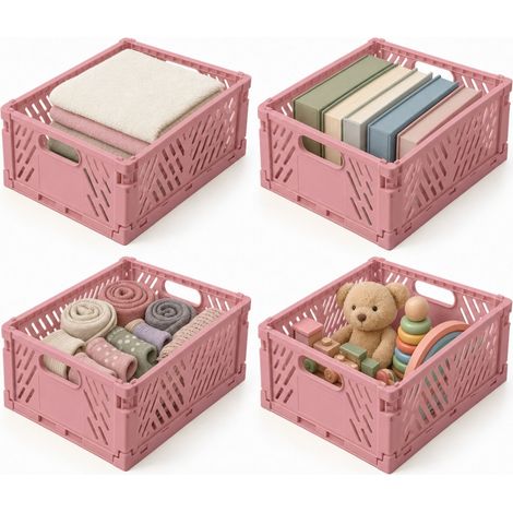 Relaxdays Caja plegable, set de 4, apilable, plástico, 2 asas, cocina, cuarto infantil, oficina, caja organizadora, rosa (1/5)