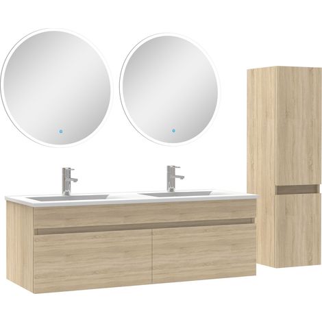 Ensemble Salle De Bain double vasque avec colonne et miroir rond 120cm meuble Chêne Wotan